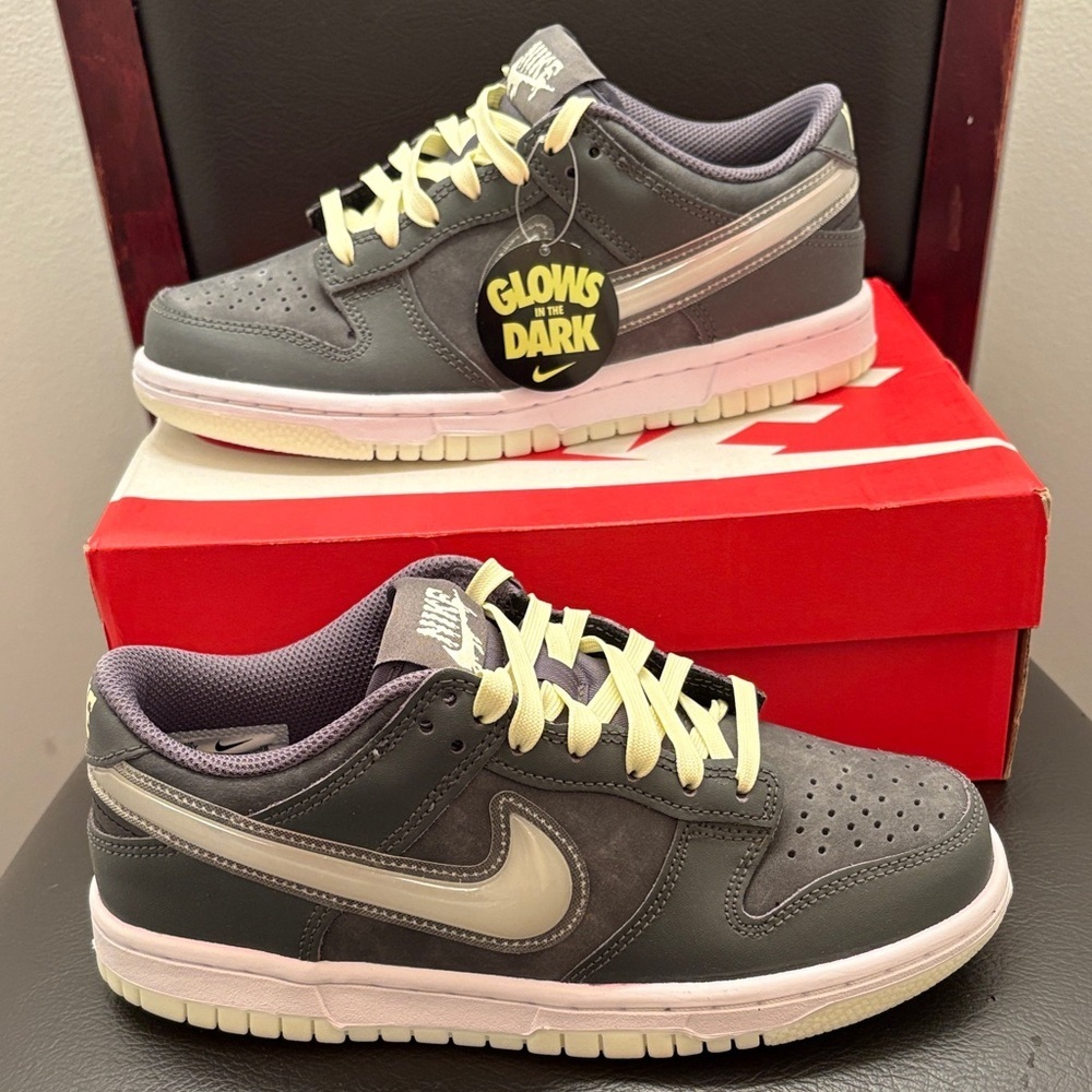 New Nike Dunk Low Gray White Sneakers with‎ Glow Feature Size 4.5 Youth 6 Women